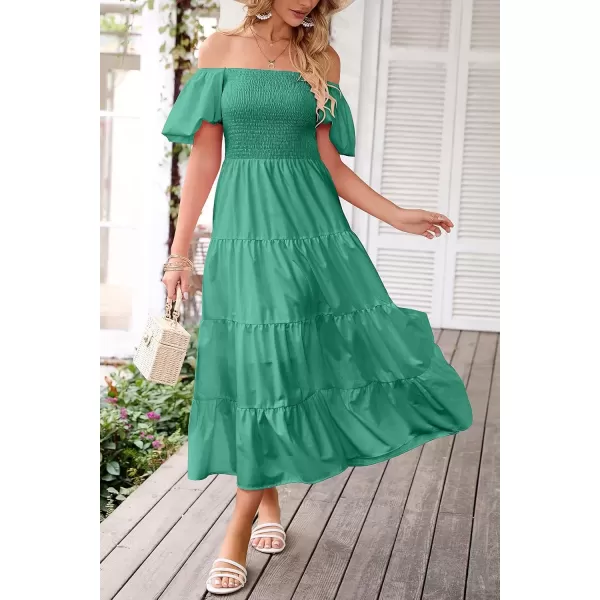 imagePRETTYGARDEN Womens Casual Summer Midi Dress Puffy Short Sleeve Square Neck Smocked Tiered Ruffle DressesGreen