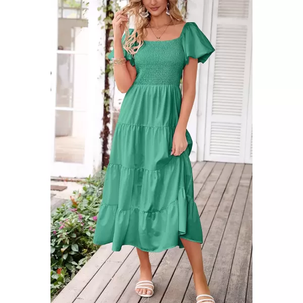 imagePRETTYGARDEN Womens Casual Summer Midi Dress Puffy Short Sleeve Square Neck Smocked Tiered Ruffle DressesGreen