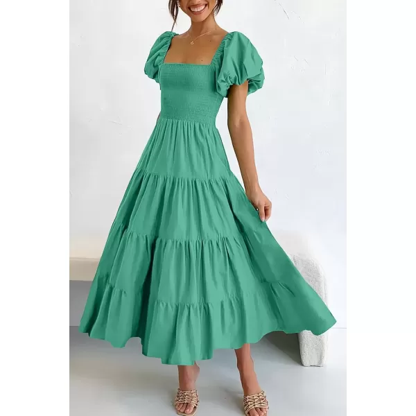 imagePRETTYGARDEN Womens Casual Summer Midi Dress Puffy Short Sleeve Square Neck Smocked Tiered Ruffle DressesGreen
