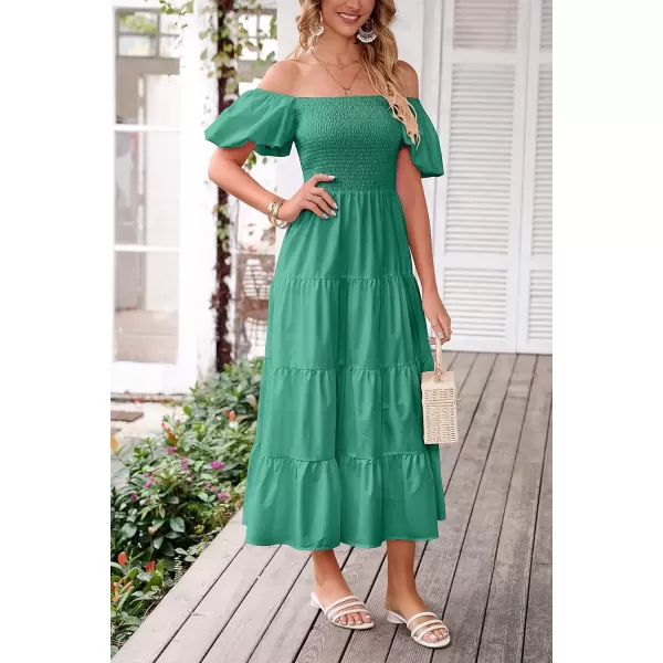 imagePRETTYGARDEN Womens Casual Summer Midi Dress Puffy Short Sleeve Square Neck Smocked Tiered Ruffle DressesGreen