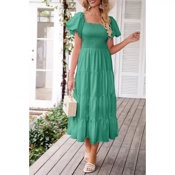 imagePRETTYGARDEN Womens Casual Summer Midi Dress Puffy Short Sleeve Square Neck Smocked Tiered Ruffle DressesGreen
