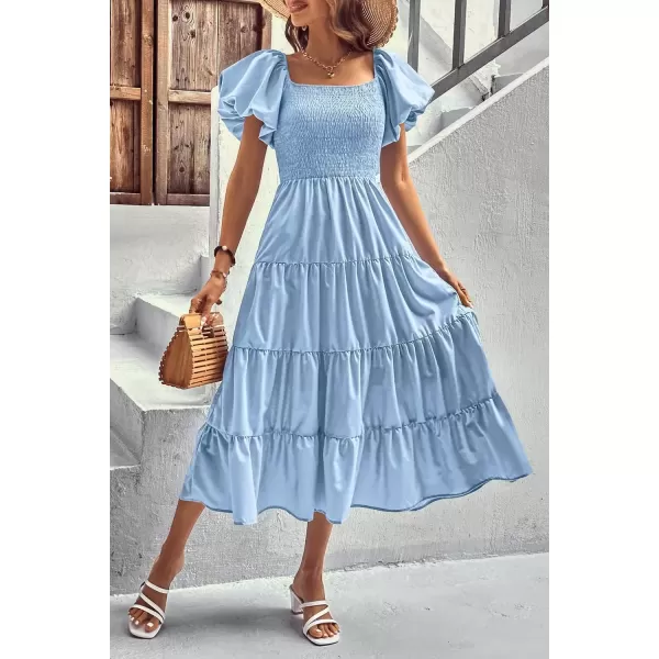 imagePRETTYGARDEN Womens Casual Summer Midi Dress Puffy Short Sleeve Square Neck Smocked Tiered Ruffle DressesLight Blue