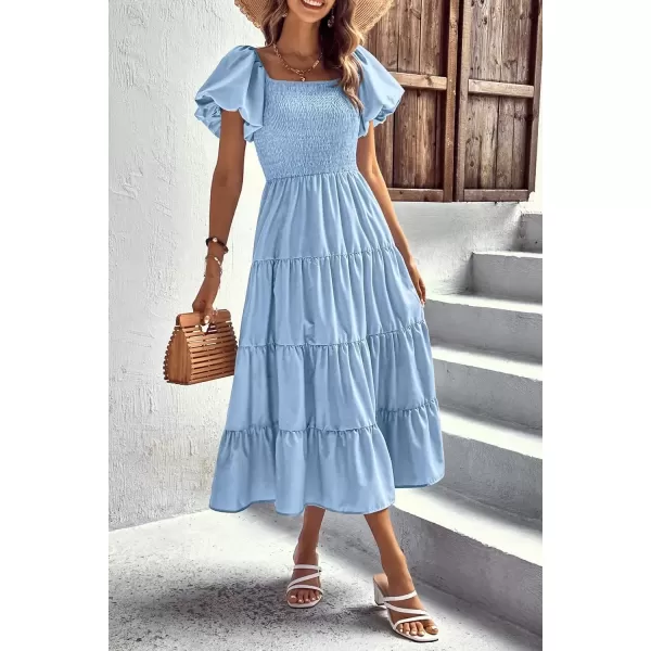 imagePRETTYGARDEN Womens Casual Summer Midi Dress Puffy Short Sleeve Square Neck Smocked Tiered Ruffle DressesLight Blue