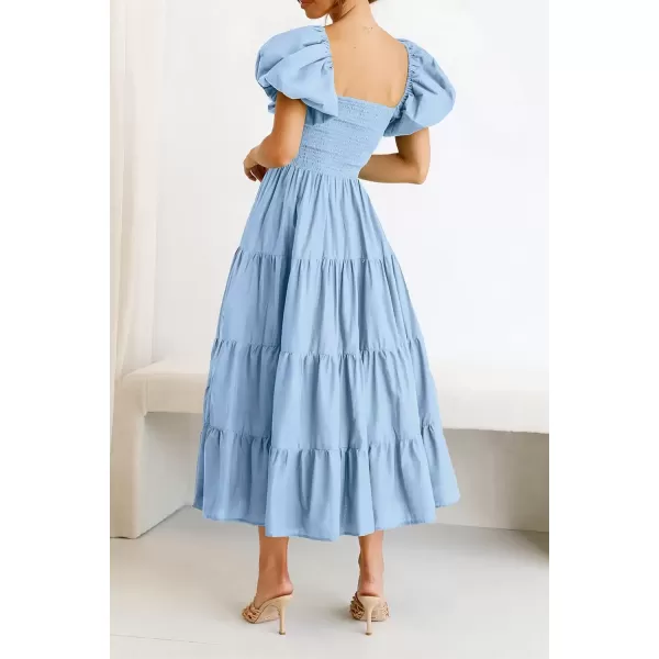 imagePRETTYGARDEN Womens Casual Summer Midi Dress Puffy Short Sleeve Square Neck Smocked Tiered Ruffle DressesLight Blue