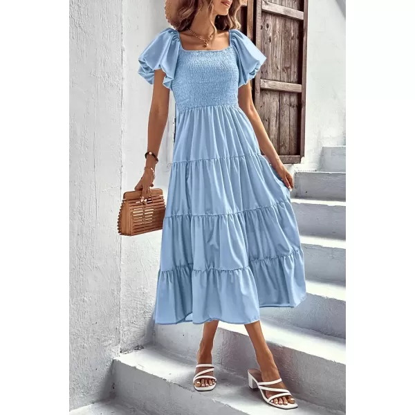 imagePRETTYGARDEN Womens Casual Summer Midi Dress Puffy Short Sleeve Square Neck Smocked Tiered Ruffle DressesLight Blue