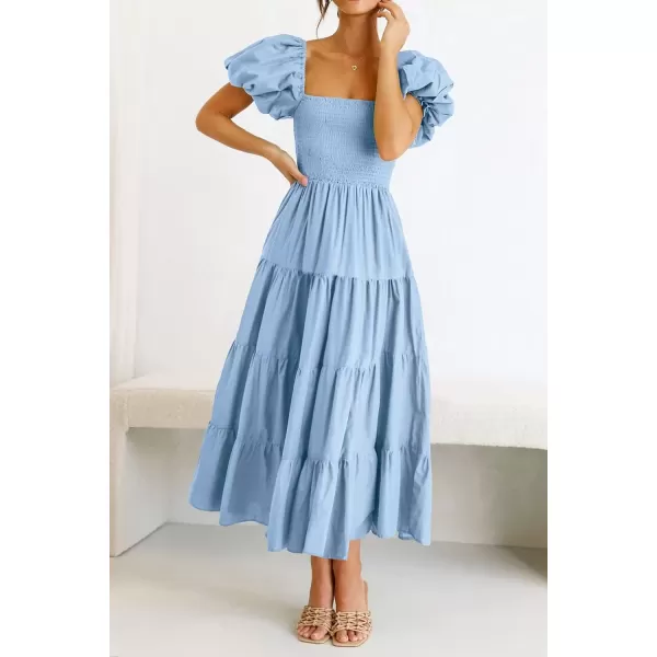 imagePRETTYGARDEN Womens Casual Summer Midi Dress Puffy Short Sleeve Square Neck Smocked Tiered Ruffle DressesLight Blue