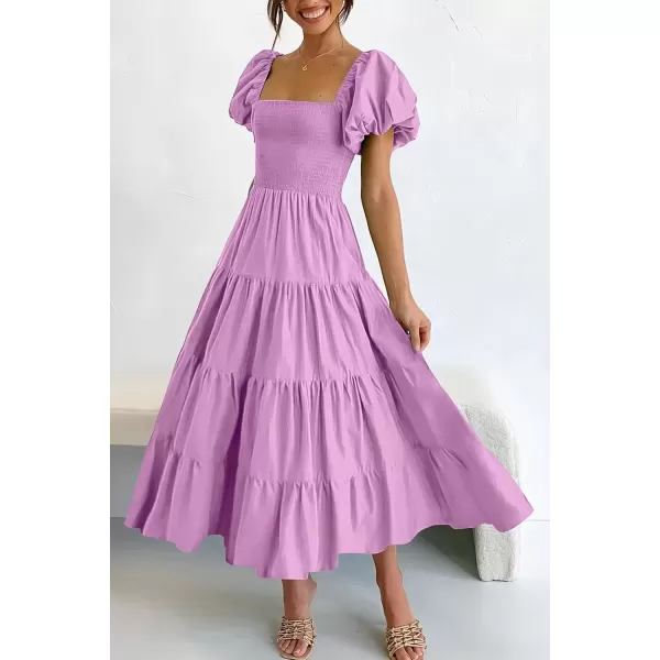 imagePRETTYGARDEN Womens Casual Summer Midi Dress Puffy Short Sleeve Square Neck Smocked Tiered Ruffle DressesLight Purple