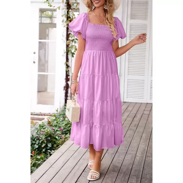 imagePRETTYGARDEN Womens Casual Summer Midi Dress Puffy Short Sleeve Square Neck Smocked Tiered Ruffle DressesLight Purple