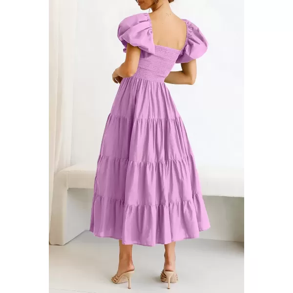 imagePRETTYGARDEN Womens Casual Summer Midi Dress Puffy Short Sleeve Square Neck Smocked Tiered Ruffle DressesLight Purple