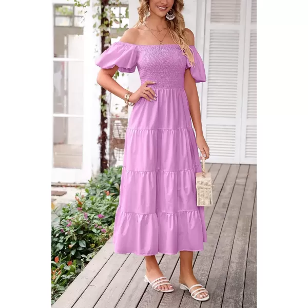 imagePRETTYGARDEN Womens Casual Summer Midi Dress Puffy Short Sleeve Square Neck Smocked Tiered Ruffle DressesLight Purple