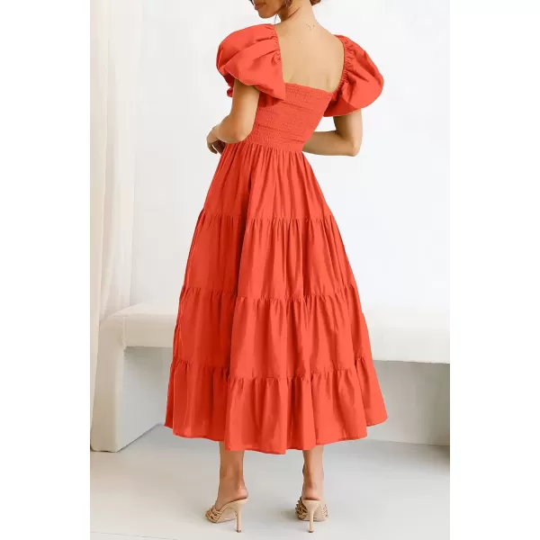 imagePRETTYGARDEN Womens Casual Summer Midi Dress Puffy Short Sleeve Square Neck Smocked Tiered Ruffle DressesOrange