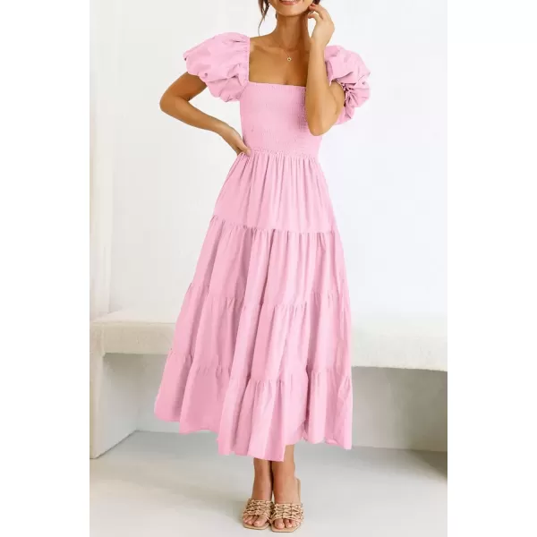 imagePRETTYGARDEN Womens Casual Summer Midi Dress Puffy Short Sleeve Square Neck Smocked Tiered Ruffle DressesPink