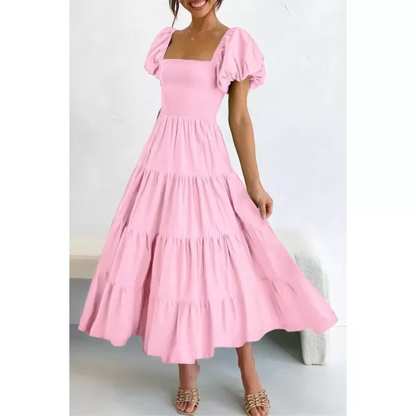 imagePRETTYGARDEN Womens Casual Summer Midi Dress Puffy Short Sleeve Square Neck Smocked Tiered Ruffle DressesPink