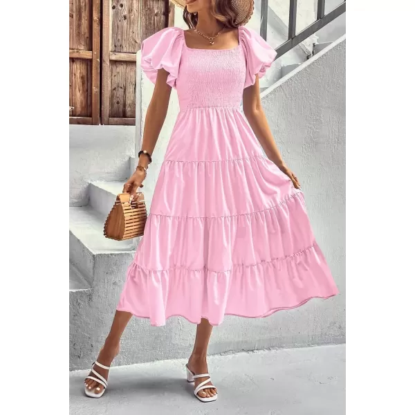 imagePRETTYGARDEN Womens Casual Summer Midi Dress Puffy Short Sleeve Square Neck Smocked Tiered Ruffle DressesPink
