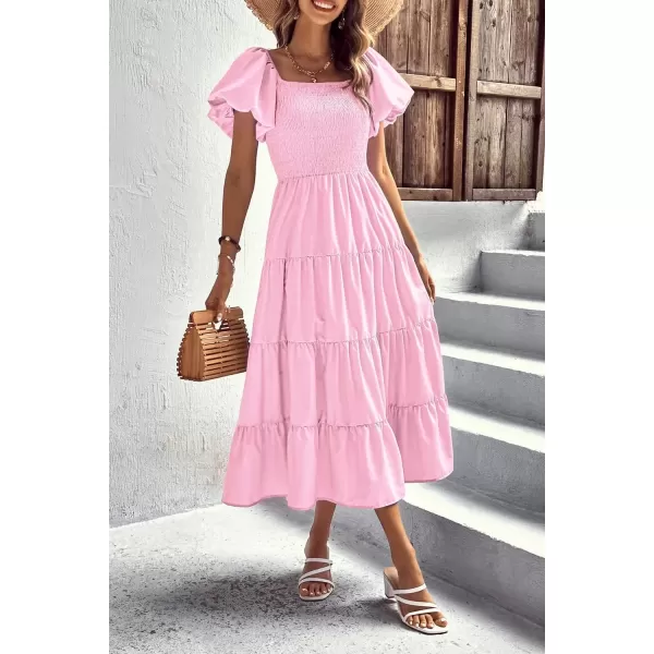 imagePRETTYGARDEN Womens Casual Summer Midi Dress Puffy Short Sleeve Square Neck Smocked Tiered Ruffle DressesPink