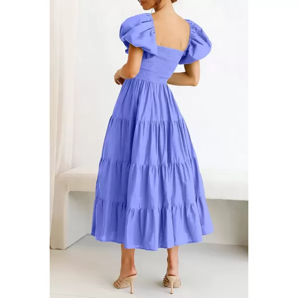 imagePRETTYGARDEN Womens Casual Summer Midi Dress Puffy Short Sleeve Square Neck Smocked Tiered Ruffle DressesPurple Blue