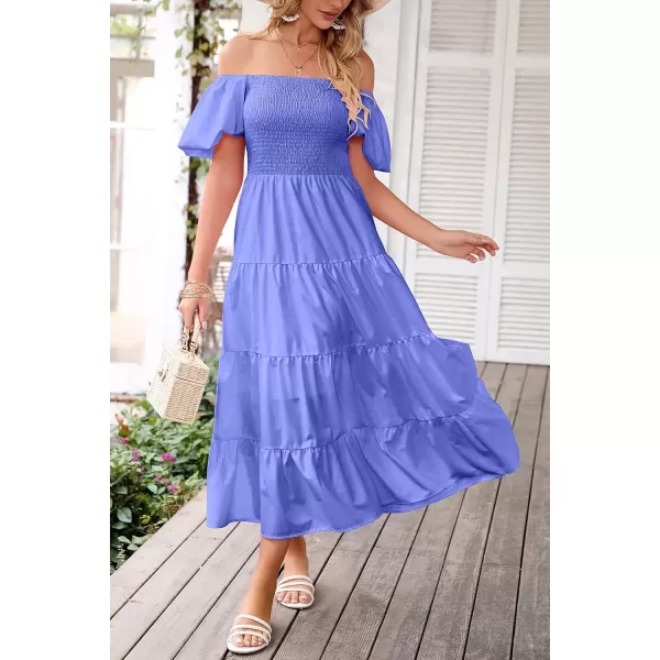 imagePRETTYGARDEN Womens Casual Summer Midi Dress Puffy Short Sleeve Square Neck Smocked Tiered Ruffle DressesPurple Blue