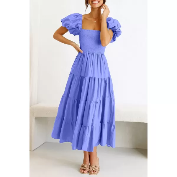 imagePRETTYGARDEN Womens Casual Summer Midi Dress Puffy Short Sleeve Square Neck Smocked Tiered Ruffle DressesPurple Blue