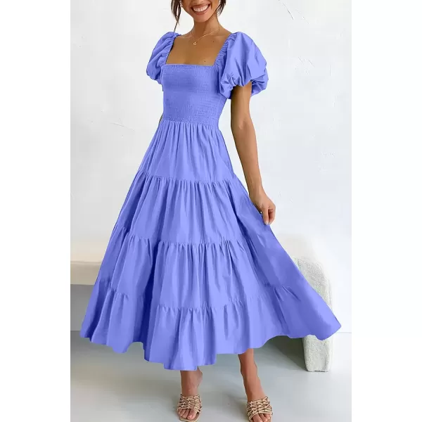 imagePRETTYGARDEN Womens Casual Summer Midi Dress Puffy Short Sleeve Square Neck Smocked Tiered Ruffle DressesPurple Blue