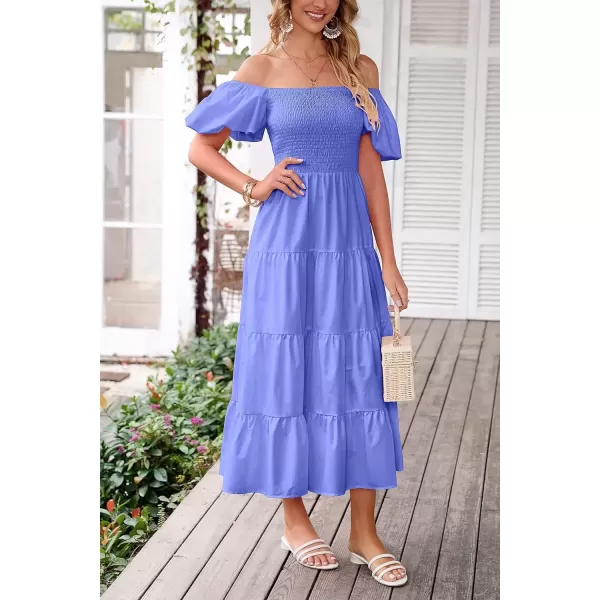 imagePRETTYGARDEN Womens Casual Summer Midi Dress Puffy Short Sleeve Square Neck Smocked Tiered Ruffle DressesPurple Blue