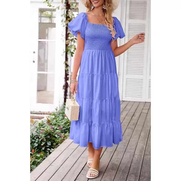 imagePRETTYGARDEN Womens Casual Summer Midi Dress Puffy Short Sleeve Square Neck Smocked Tiered Ruffle DressesPurple Blue