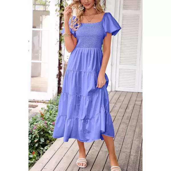 imagePRETTYGARDEN Womens Casual Summer Midi Dress Puffy Short Sleeve Square Neck Smocked Tiered Ruffle DressesPurple Blue