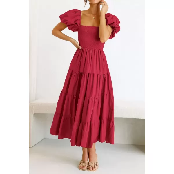 imagePRETTYGARDEN Womens Casual Summer Midi Dress Puffy Short Sleeve Square Neck Smocked Tiered Ruffle DressesRed