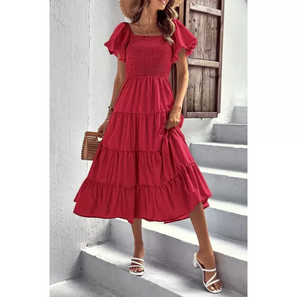 imagePRETTYGARDEN Womens Casual Summer Midi Dress Puffy Short Sleeve Square Neck Smocked Tiered Ruffle DressesRed