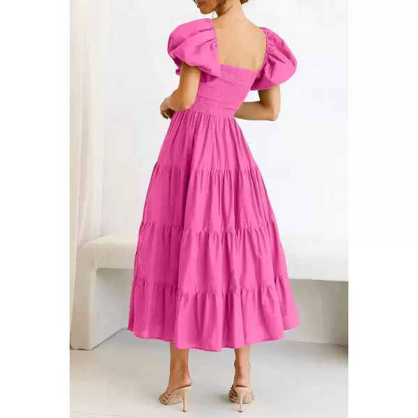imagePRETTYGARDEN Womens Casual Summer Midi Dress Puffy Short Sleeve Square Neck Smocked Tiered Ruffle DressesRose Pink