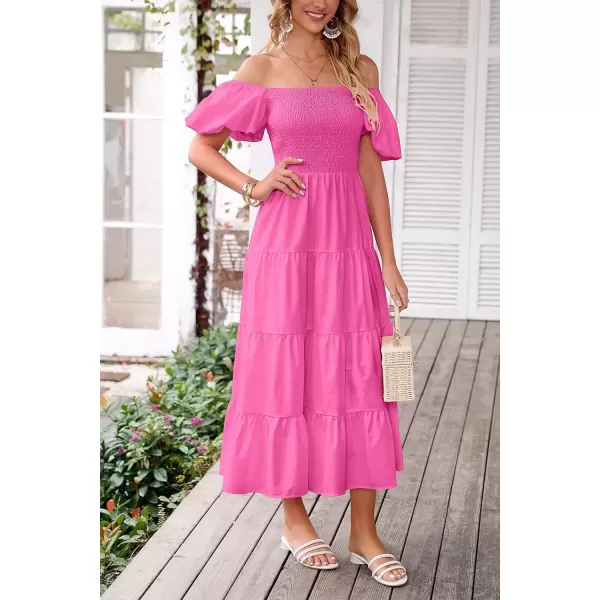 imagePRETTYGARDEN Womens Casual Summer Midi Dress Puffy Short Sleeve Square Neck Smocked Tiered Ruffle DressesRose Pink
