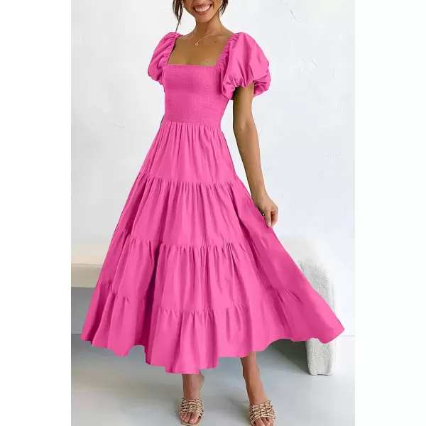 imagePRETTYGARDEN Womens Casual Summer Midi Dress Puffy Short Sleeve Square Neck Smocked Tiered Ruffle DressesRose Pink