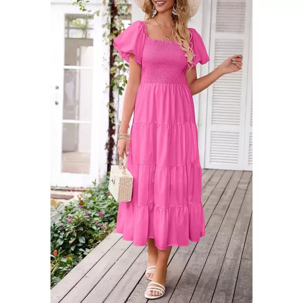imagePRETTYGARDEN Womens Casual Summer Midi Dress Puffy Short Sleeve Square Neck Smocked Tiered Ruffle DressesRose Pink
