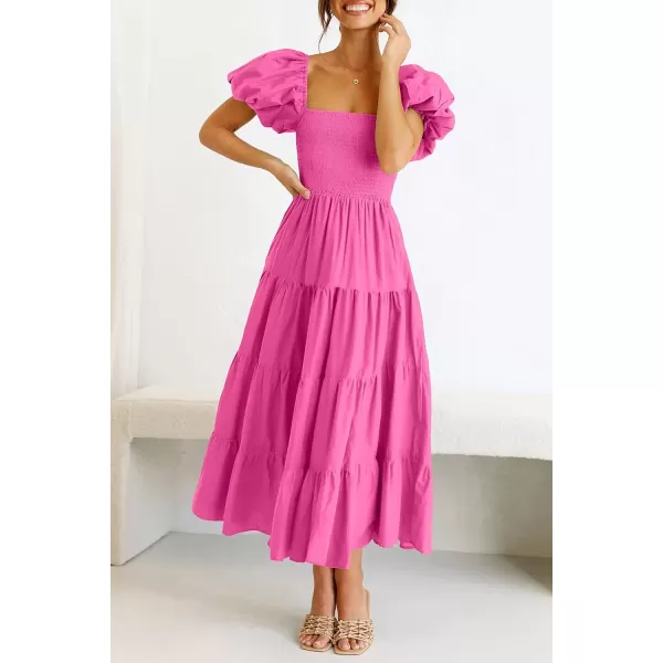 imagePRETTYGARDEN Womens Casual Summer Midi Dress Puffy Short Sleeve Square Neck Smocked Tiered Ruffle DressesRose Pink