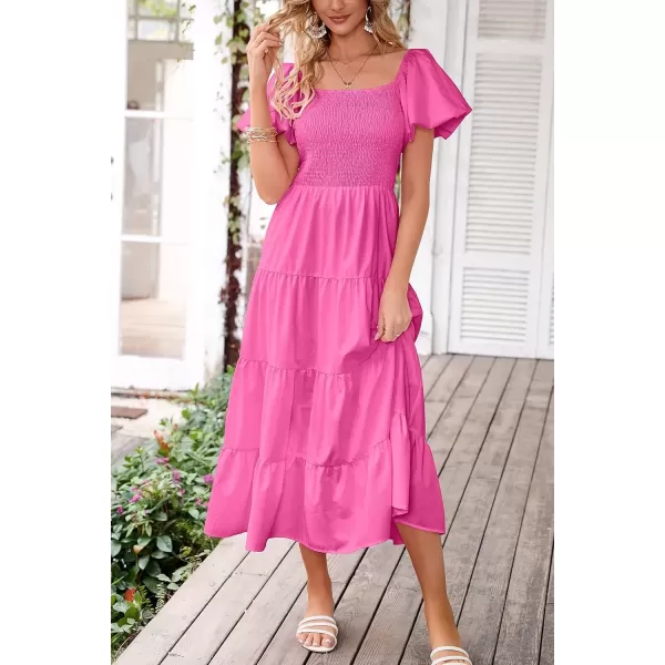 imagePRETTYGARDEN Womens Casual Summer Midi Dress Puffy Short Sleeve Square Neck Smocked Tiered Ruffle DressesRose Pink