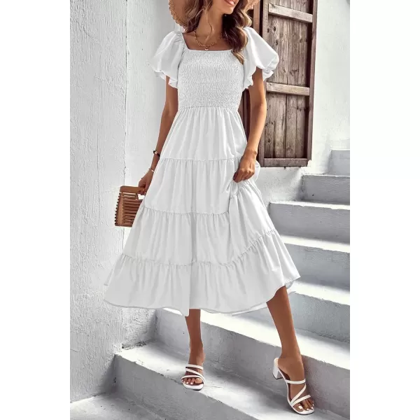 imagePRETTYGARDEN Womens Casual Summer Midi Dress Puffy Short Sleeve Square Neck Smocked Tiered Ruffle DressesWhite