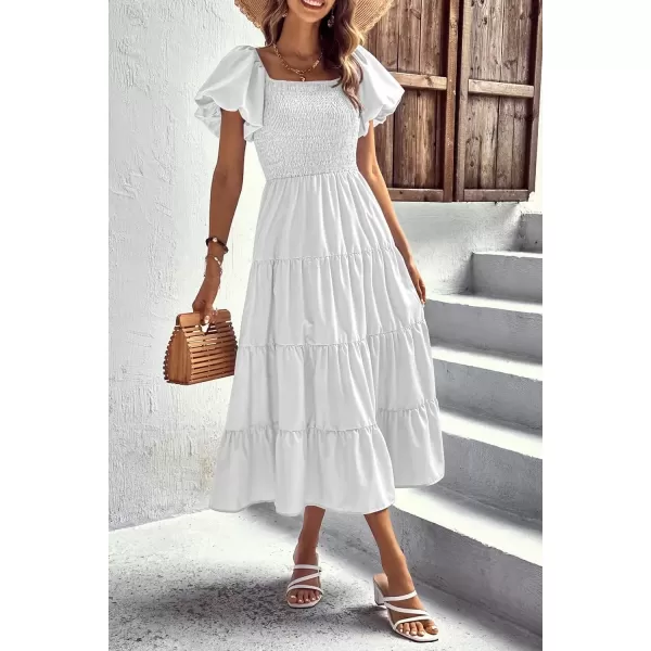 imagePRETTYGARDEN Womens Casual Summer Midi Dress Puffy Short Sleeve Square Neck Smocked Tiered Ruffle DressesWhite