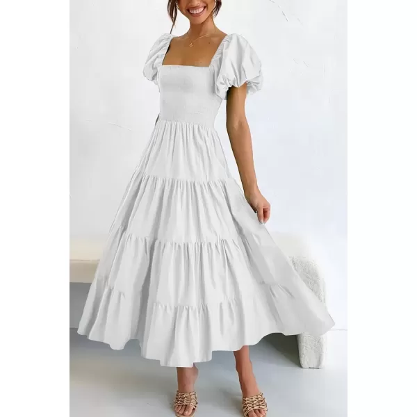 imagePRETTYGARDEN Womens Casual Summer Midi Dress Puffy Short Sleeve Square Neck Smocked Tiered Ruffle DressesWhite