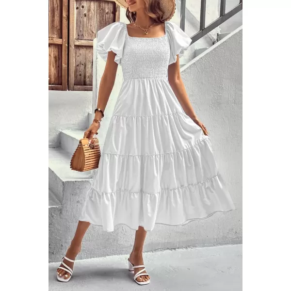 imagePRETTYGARDEN Womens Casual Summer Midi Dress Puffy Short Sleeve Square Neck Smocked Tiered Ruffle DressesWhite