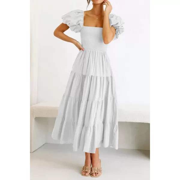 imagePRETTYGARDEN Womens Casual Summer Midi Dress Puffy Short Sleeve Square Neck Smocked Tiered Ruffle DressesWhite