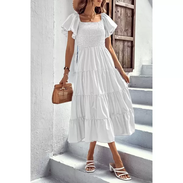 imagePRETTYGARDEN Womens Casual Summer Midi Dress Puffy Short Sleeve Square Neck Smocked Tiered Ruffle DressesWhite