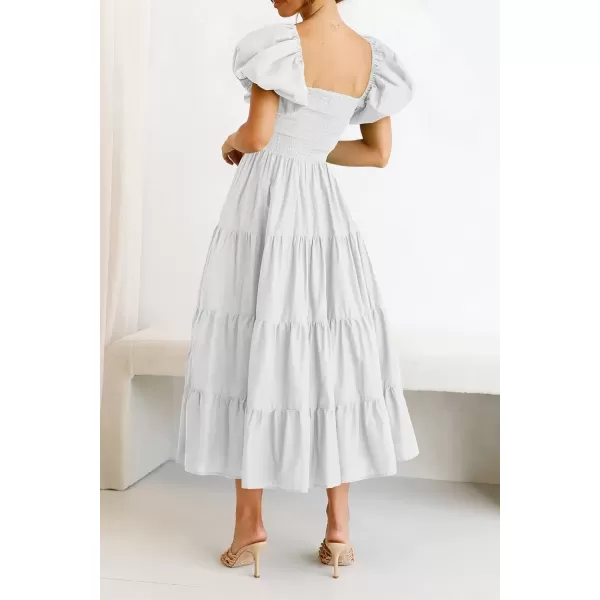 imagePRETTYGARDEN Womens Casual Summer Midi Dress Puffy Short Sleeve Square Neck Smocked Tiered Ruffle DressesWhite