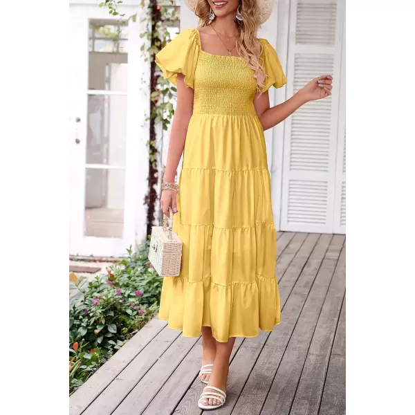 imagePRETTYGARDEN Womens Casual Summer Midi Dress Puffy Short Sleeve Square Neck Smocked Tiered Ruffle DressesYellow