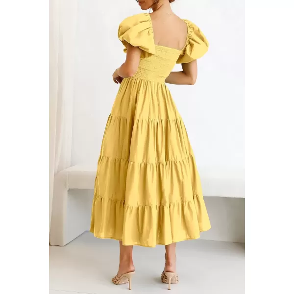 imagePRETTYGARDEN Womens Casual Summer Midi Dress Puffy Short Sleeve Square Neck Smocked Tiered Ruffle DressesYellow