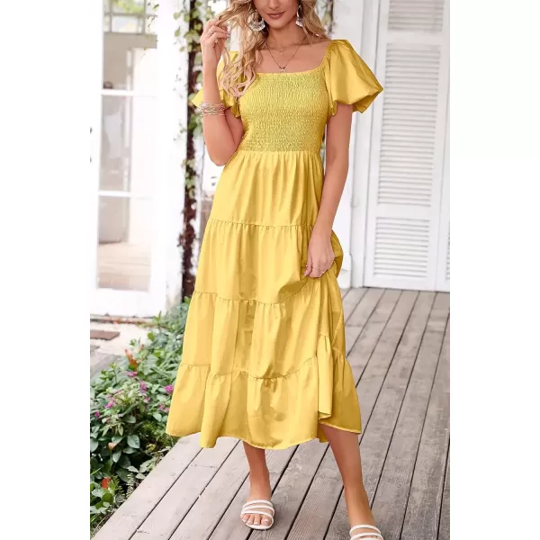 imagePRETTYGARDEN Womens Casual Summer Midi Dress Puffy Short Sleeve Square Neck Smocked Tiered Ruffle DressesYellow