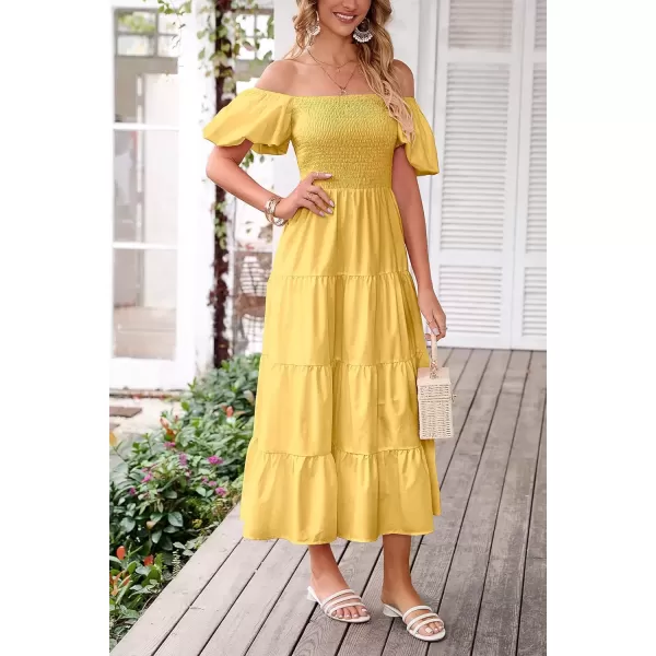 imagePRETTYGARDEN Womens Casual Summer Midi Dress Puffy Short Sleeve Square Neck Smocked Tiered Ruffle DressesYellow