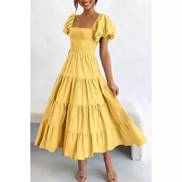 imagePRETTYGARDEN Womens Casual Summer Midi Dress Puffy Short Sleeve Square Neck Smocked Tiered Ruffle DressesYellow