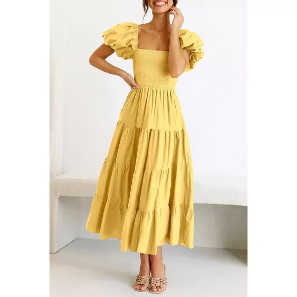 imagePRETTYGARDEN Womens Casual Summer Midi Dress Puffy Short Sleeve Square Neck Smocked Tiered Ruffle DressesYellow