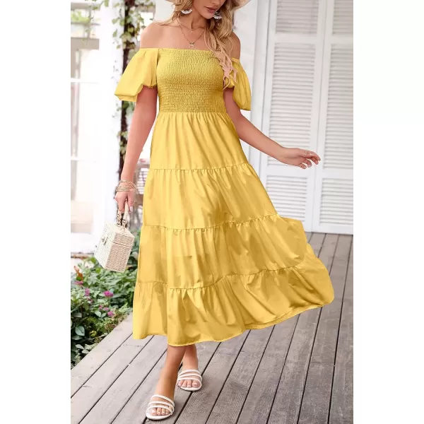 imagePRETTYGARDEN Womens Casual Summer Midi Dress Puffy Short Sleeve Square Neck Smocked Tiered Ruffle DressesYellow