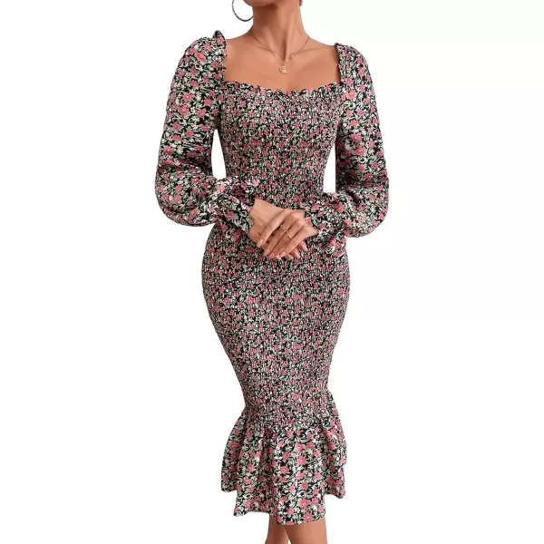 imagePRETTYGARDEN Womens Long Puff Sleeve Floral Midi Bodycon Dresses Square Neck Ruffle Mermaid Smocked DressBlack Orange