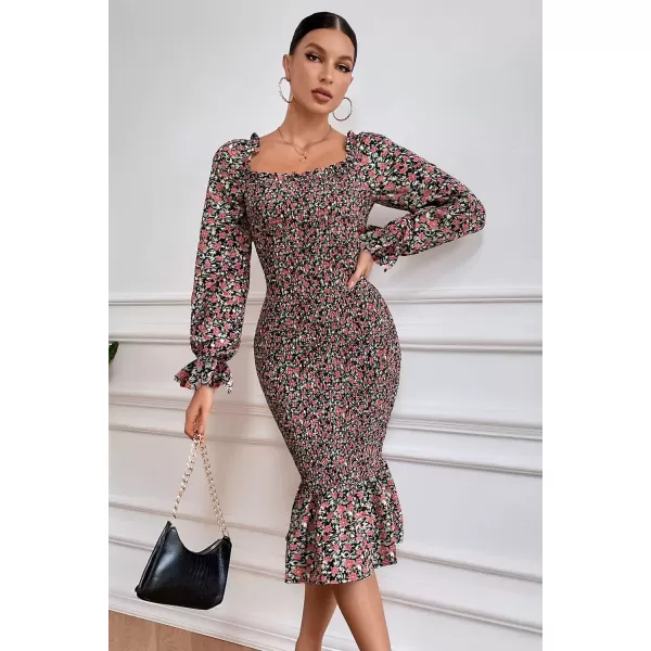 imagePRETTYGARDEN Womens Long Puff Sleeve Floral Midi Bodycon Dresses Square Neck Ruffle Mermaid Smocked DressBlack Orange